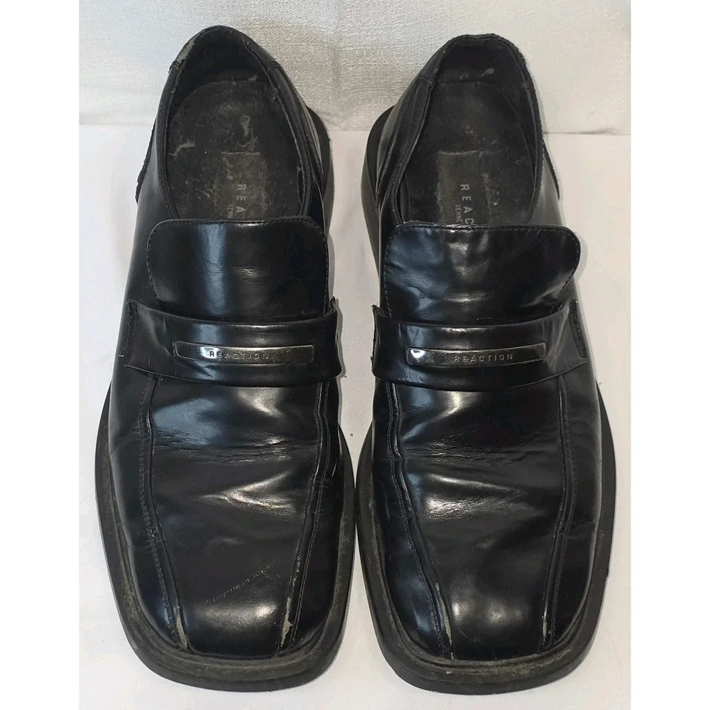 Kenneth Cole Reaction Square Toe Slip On Dress Shoes Black‎ Leather Men Size 9